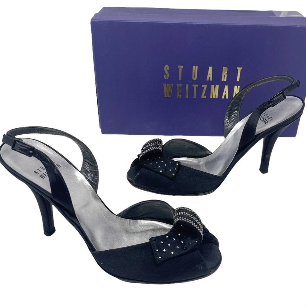 Stuart Weitzman Curlique Black Satin Sling Back Peep Toe Sandal Heels Size 7